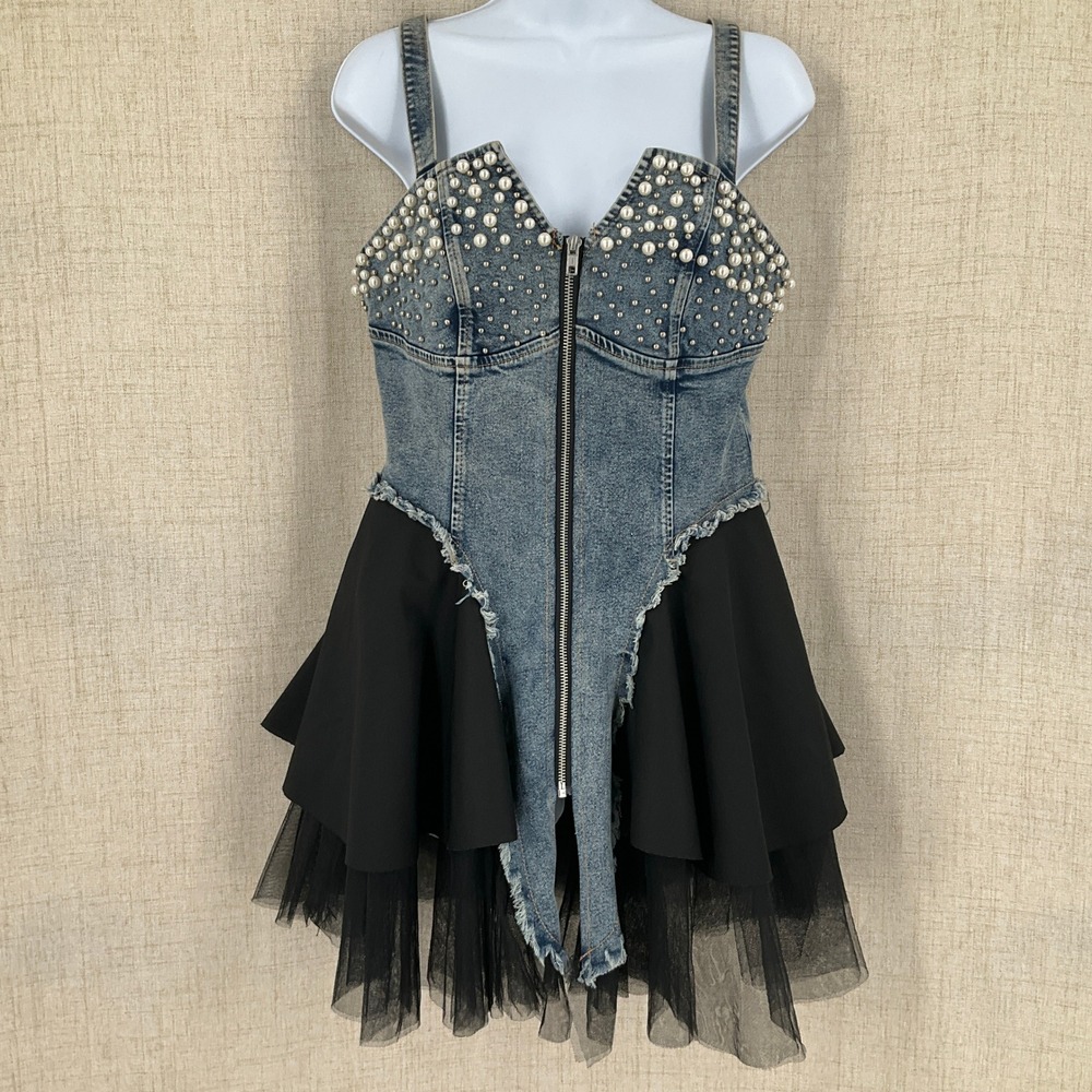 Denim & Black Pearl-Embellished Mini Dress